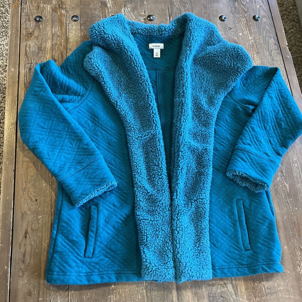 LL Bean Jacket Women XL Green Open Wrap Quilted Sherpa Trim Outdoor Pockets VTG